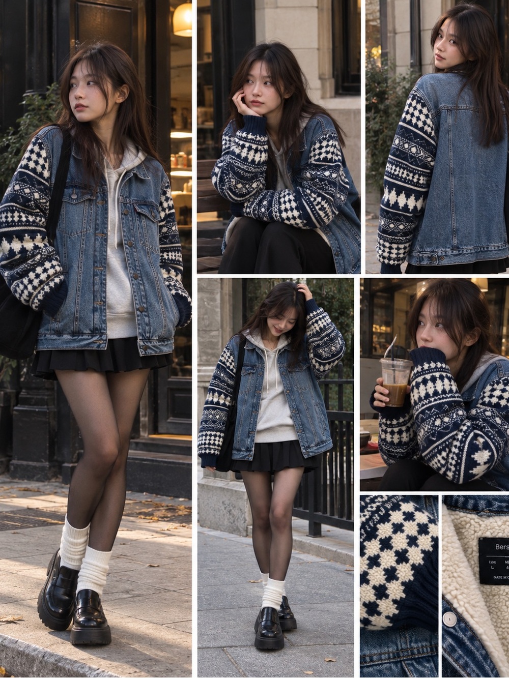 Bershka Sherpa Lined Denim Jacket Fair Isle Knit Sleeves Blue Size L